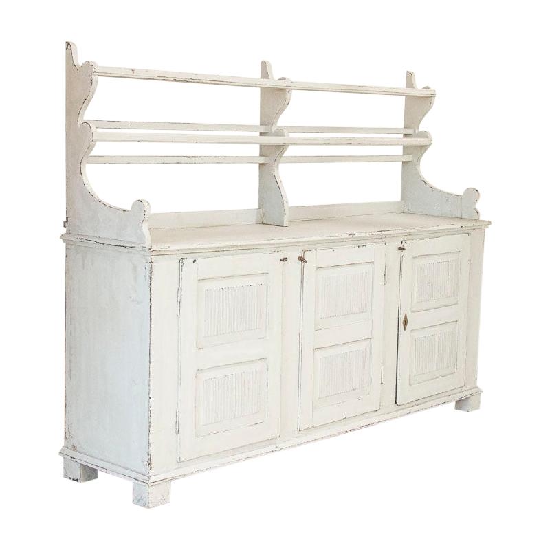 Antique White Painted Gustavian Buffet Cupboard with Plate Rack, Sweden