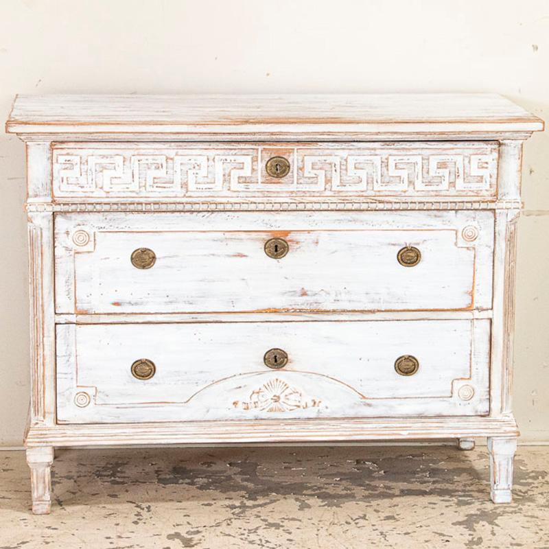 Swedish Antique White Painted Gustavian Chest of Drawers Nightstand with Carving, Sweden