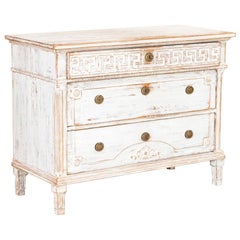 Antique White Painted Gustavian Chest of Drawers Nightstand with Carving, Sweden
