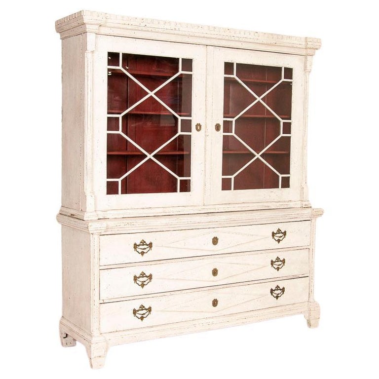 Antique White Painted Gustavian Display Bookcase from Sweden at
