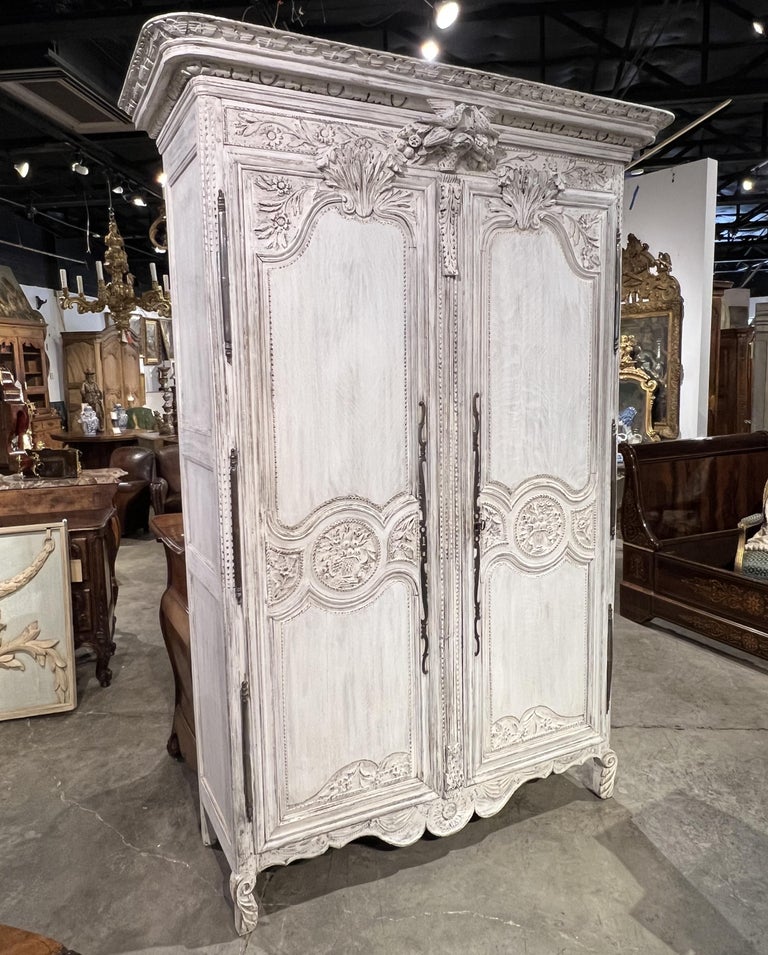 Antique White Painted Oak Armoire from Normandy, Circa 1880 at 1stDibs
