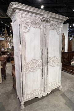 Antique White Painted Oak Armoire from Normandy, Circa 1880