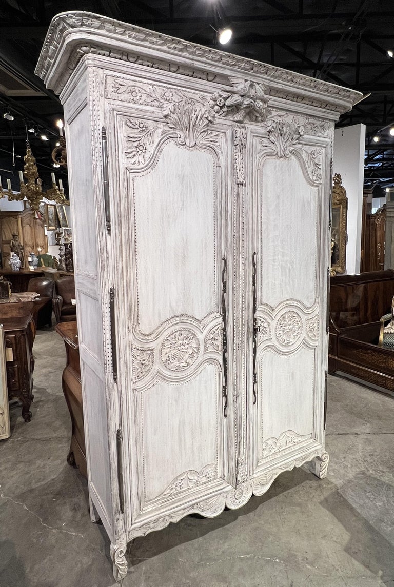 Antique White Painted Oak Armoire from Normandy, Circa 1880 at 1stDibs