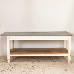 Antique White Painted Work Farm Table with Zinc Top, Kitchen Island