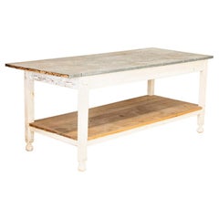 Antique White Painted Work Farm Table with Zinc Top, Kitchen Island