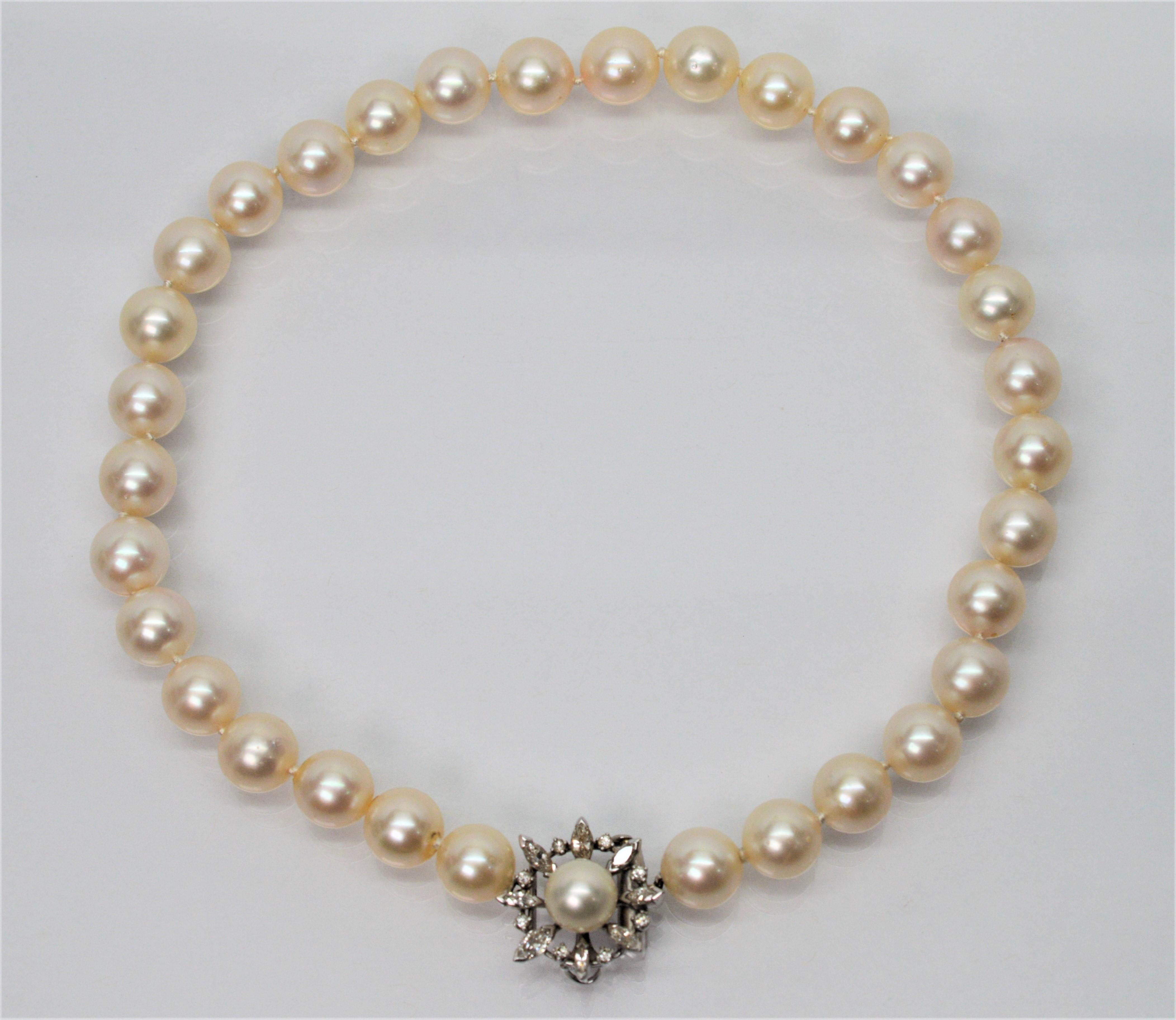 A true period piece, authentic in style that transforms to today. Thirty two natural round 9.5 mm AA Akoya pearls hand strung and knotted display beautifully on this thirteen inch antique choker necklace leading to a splendid diamond platinum floral