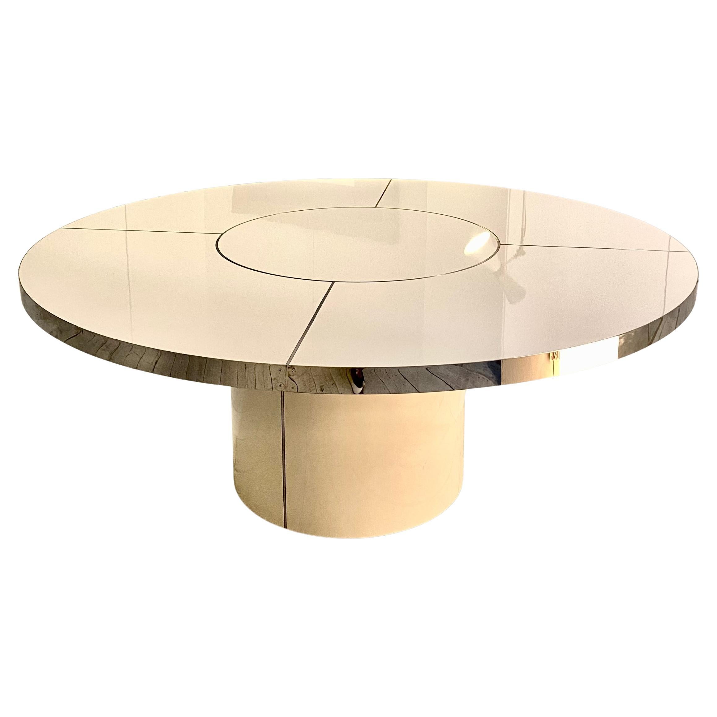 Antiker weißer runder Tisch aus hochglänzendem Laminat und Stahl mit Intarsien, L im Angebot