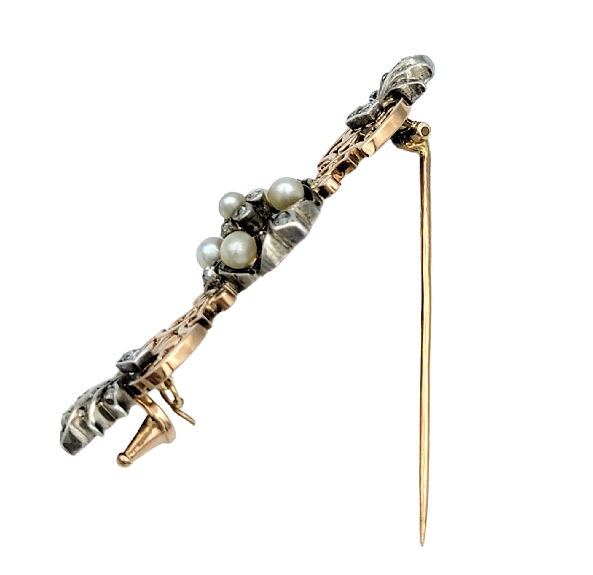 Edwardian Antique White Seed Pearl and Diamond Brooch in 14K Rose Gold and Silver Overlay For Sale