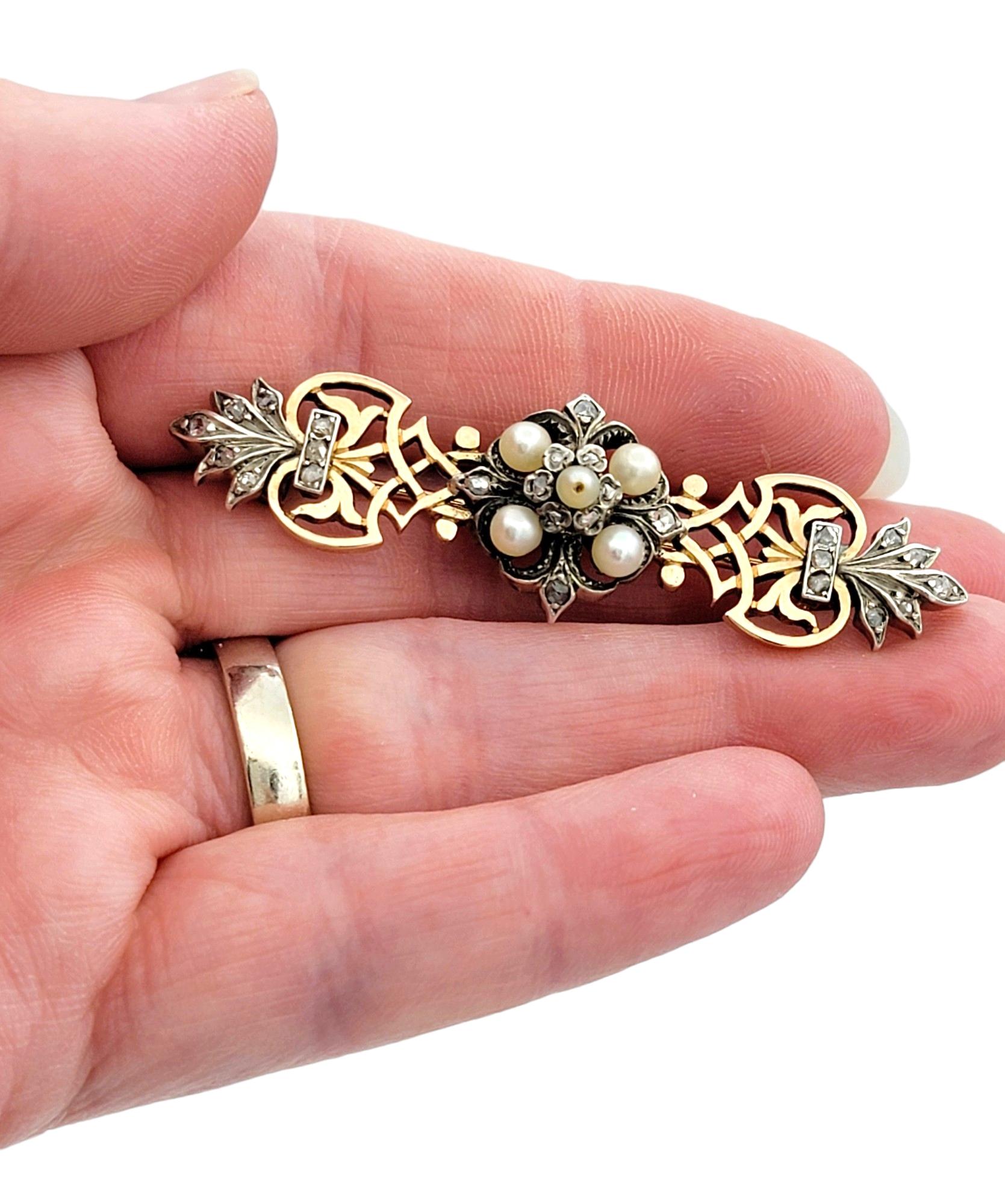 Women's Antique White Seed Pearl and Diamond Brooch in 14K Rose Gold and Silver Overlay For Sale