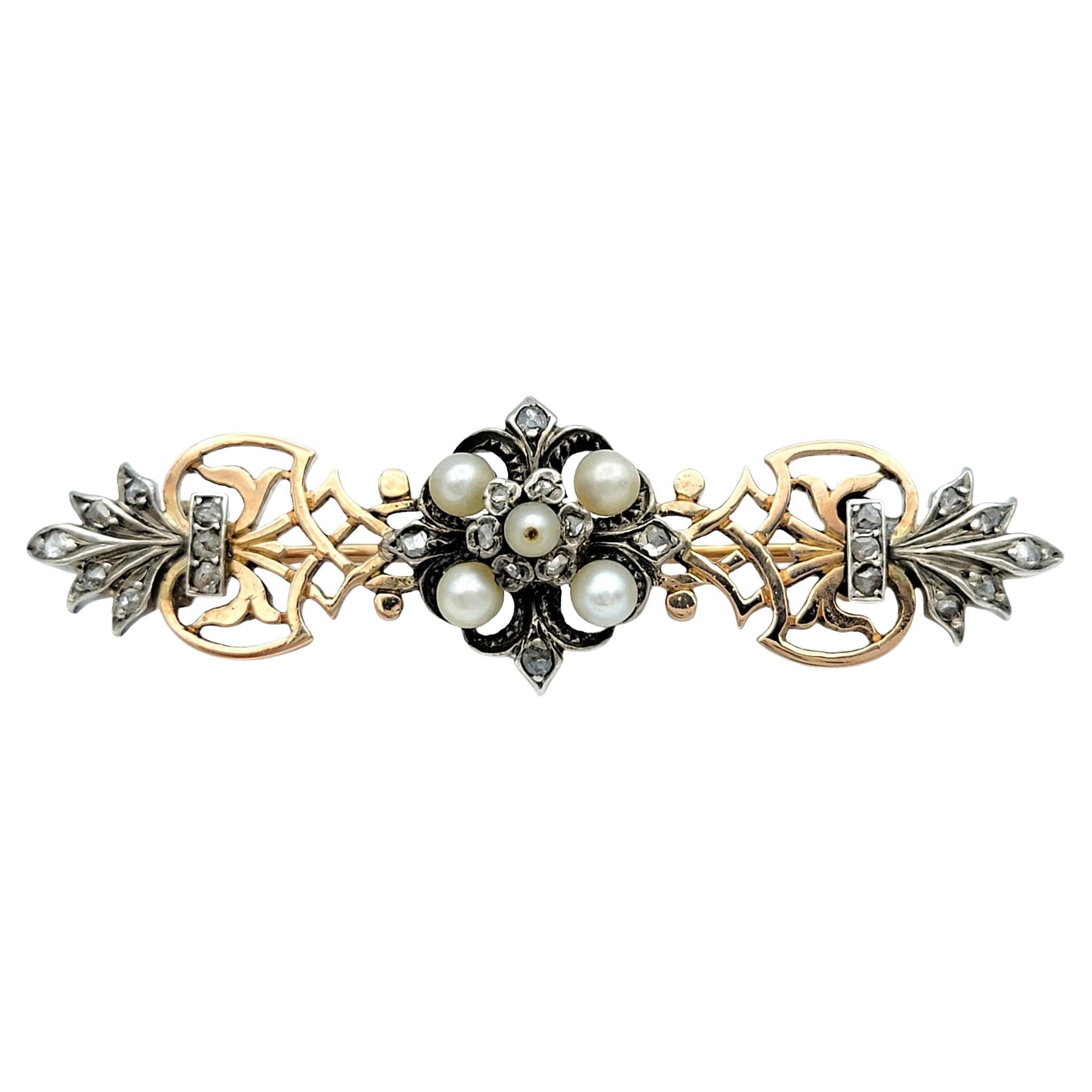 Antique White Seed Pearl and Diamond Brooch in 14K Rose Gold and Silver Overlay For Sale