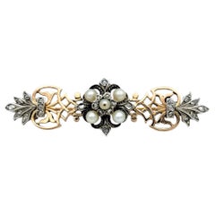 Antique White Seed Pearl and Diamond Brooch in 14K Rose Gold and Silver Overlay