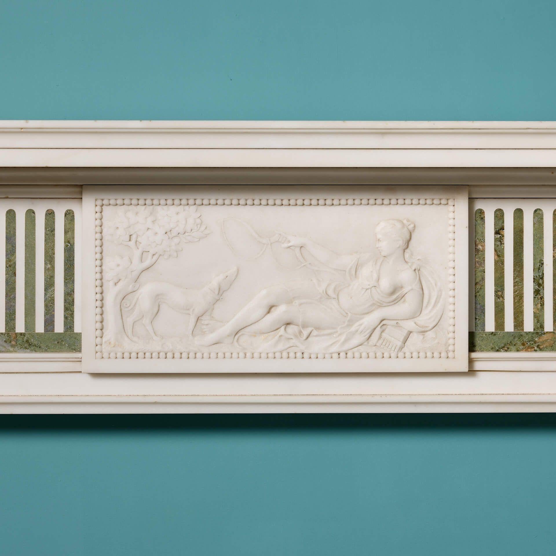 English Antique White Statuary & Green Connemara Marble Fireplace For Sale
