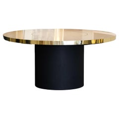 Table blanc antique Stratifié brillant Marqueterie de laiton, pied de piédestal marine L