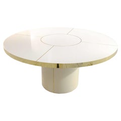 Antique White Table High Gloss Laminate Brass Marquetry, Navy Pedestal Leg XXL