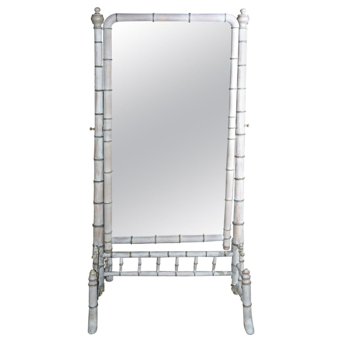 Antique White Washed Faux Bamboo Cheval Mirror, circa 1870 For Sale