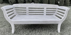 Antique White Washed Teak Settee or Bench with Slatted Back