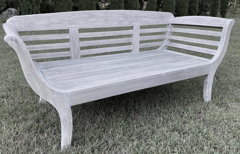 British Colonial Antique White Washed Teak Settee or Bench with Slatted Back For Sale