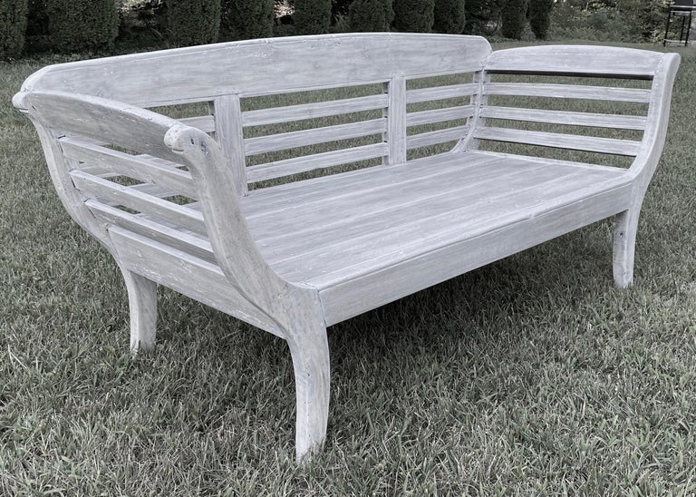 Central American Antique White Washed Teak Settee or Bench with Slatted Back For Sale