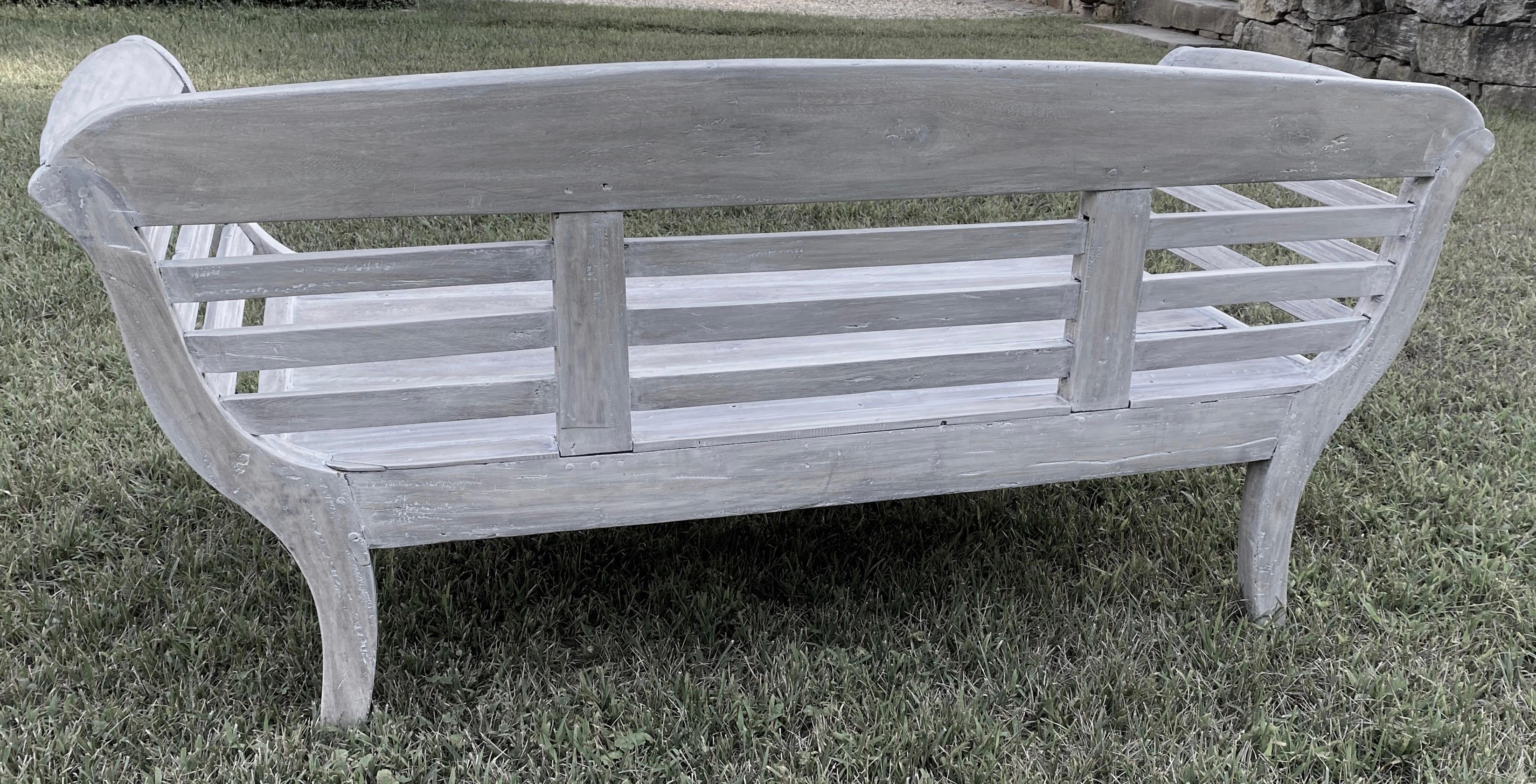 Hand-Crafted Antique White Washed Teak Settee or Bench with Slatted Back For Sale