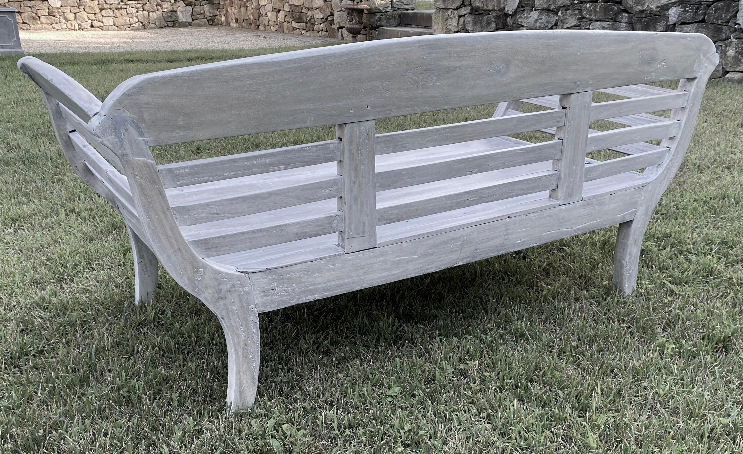 Antique White Washed Teak Settee or Bench with Slatted Back In Good Condition For Sale In Sheffield, MA