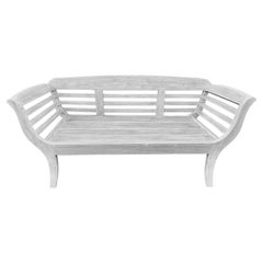 Antique White Washed Teak Settee or Bench with Slatted Back