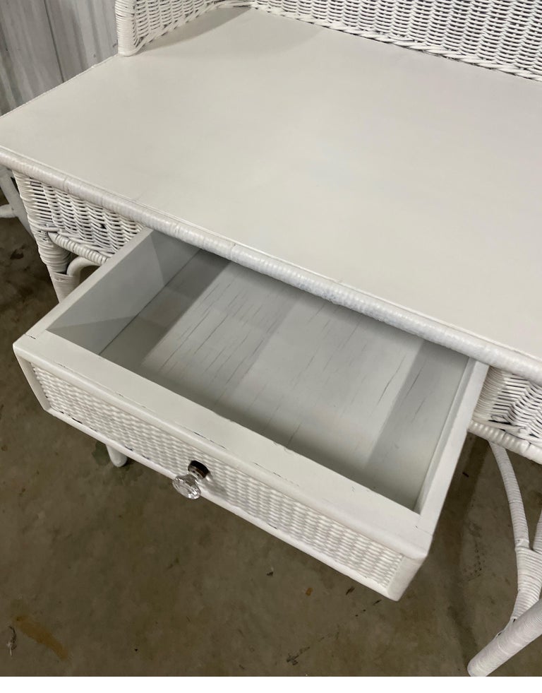 Antique White Wicker Dressing Table / Desk and Chair Set For Sale at