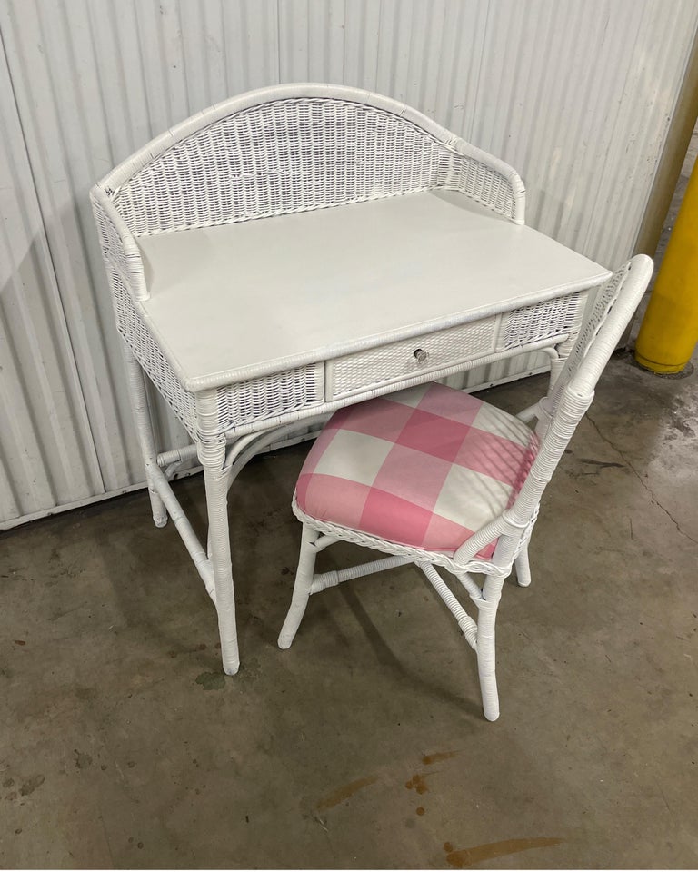 Antique White Wicker Dressing Table / Desk and Chair Set For Sale at