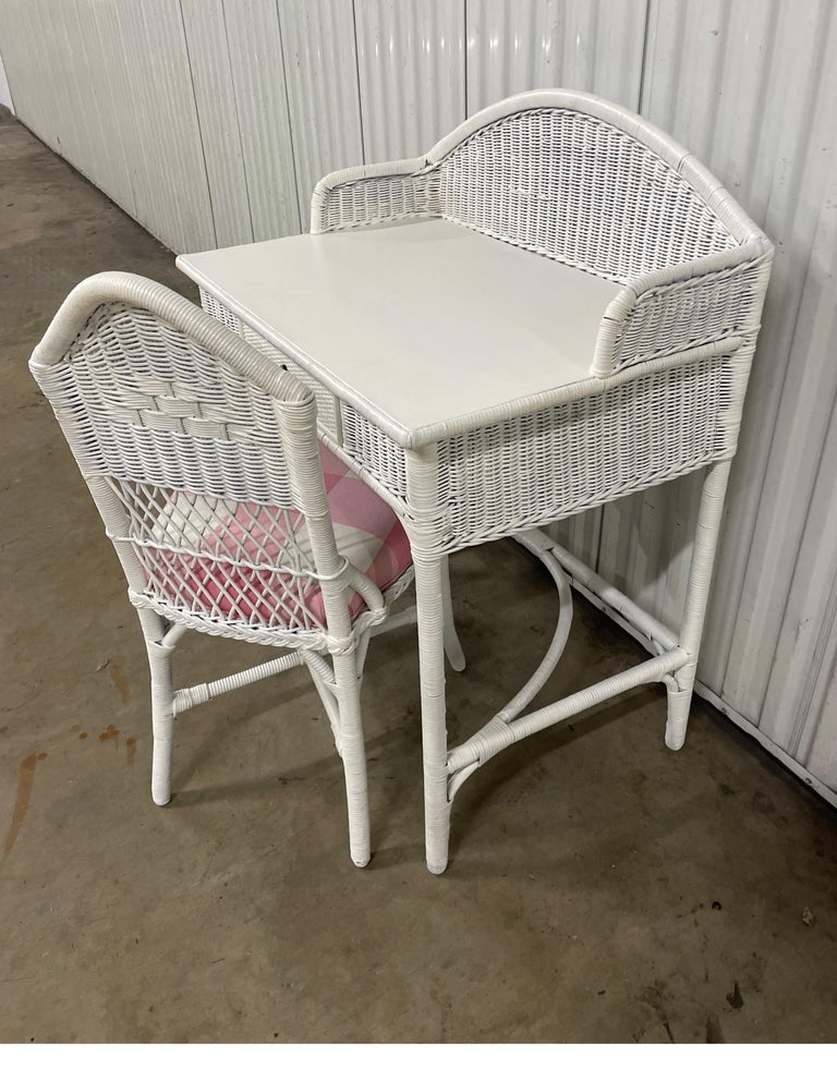 Antique White Wicker Dressing Table / Desk and Chair Set For Sale at