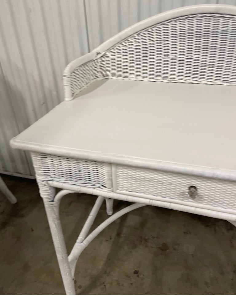 Antique White Wicker Dressing Table / Desk and Chair Set For Sale at