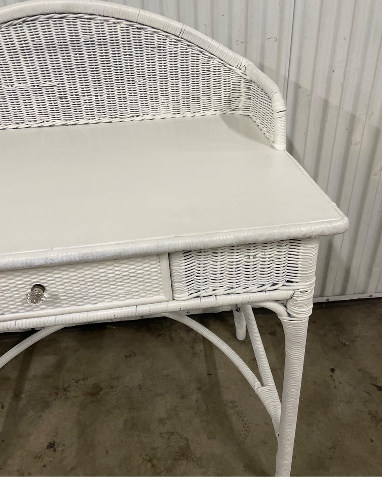 Antique White Wicker Dressing Table / Desk and Chair Set For Sale at