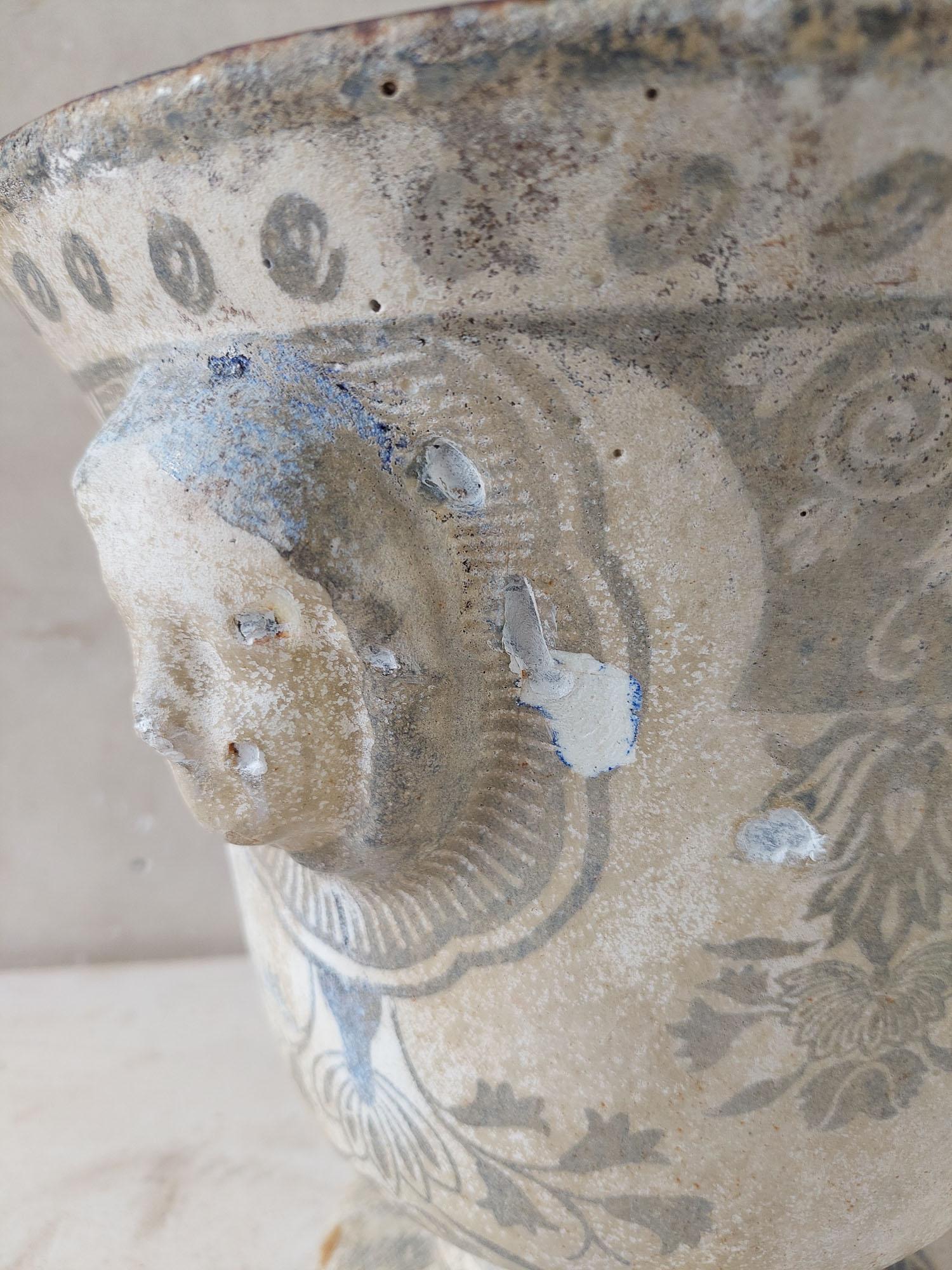 Antique white with blue enamel cast iron Paris en Cie vase For Sale 3