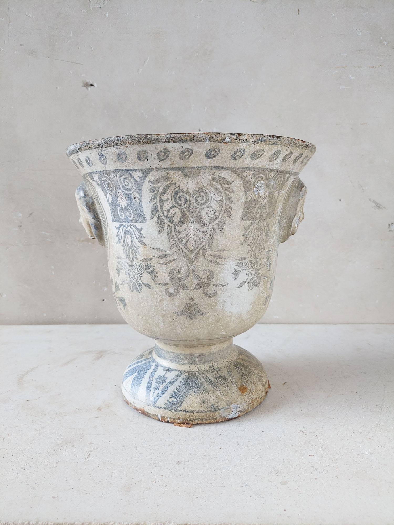 French Antique white with blue enamel cast iron Paris en Cie vase For Sale