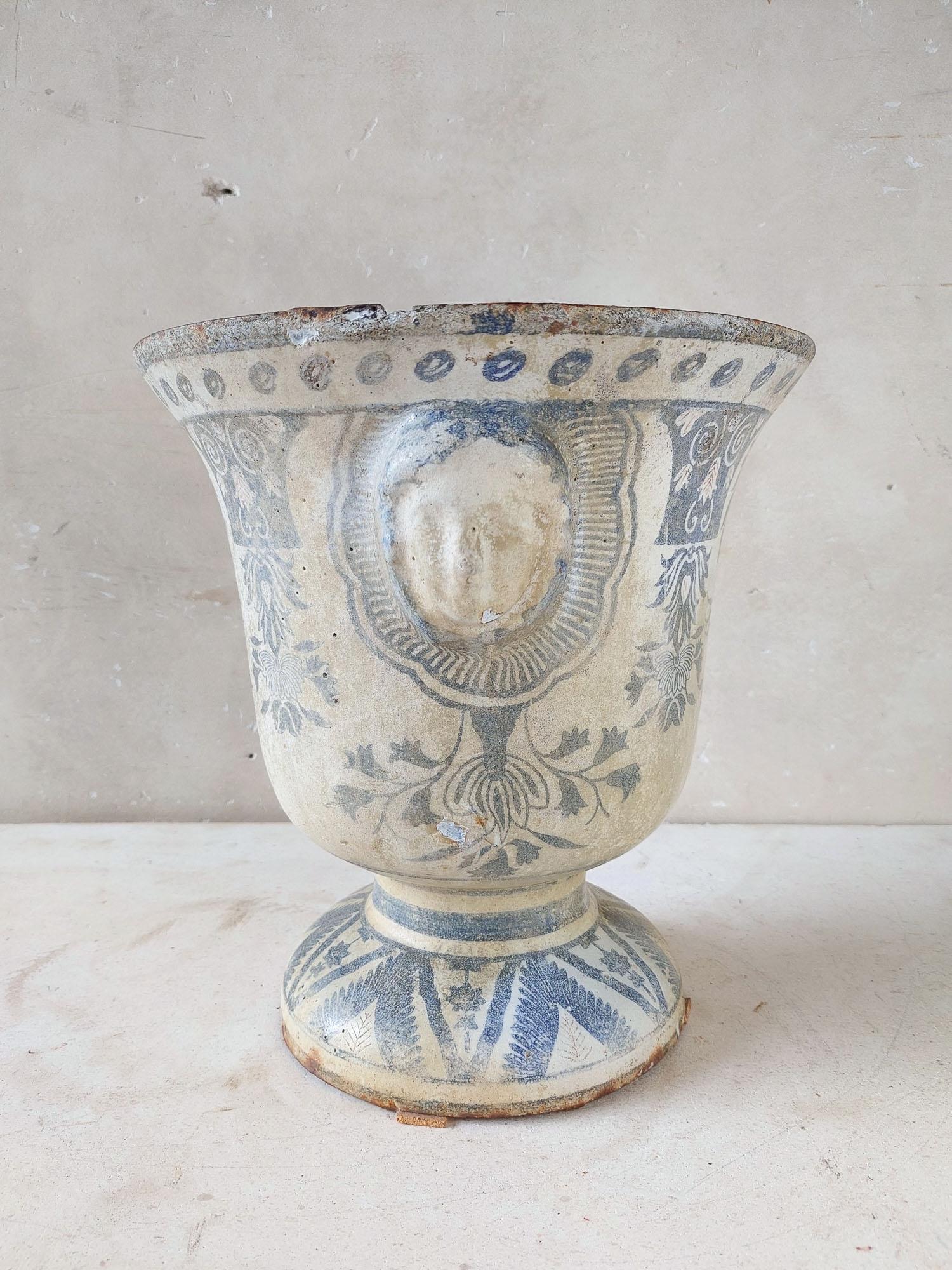 19th Century Antique white with blue enamel cast iron Paris en Cie vase For Sale