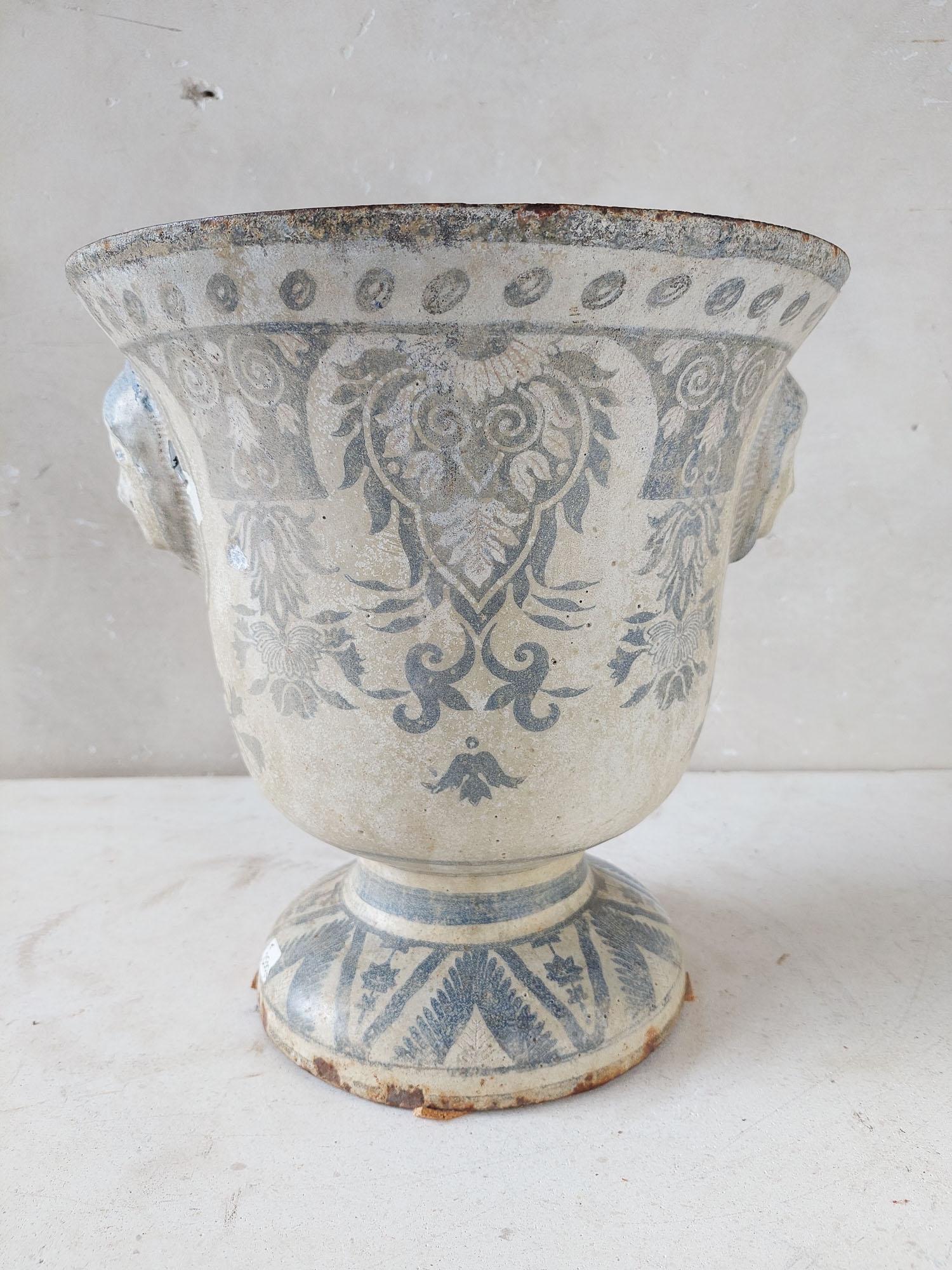 Iron Antique white with blue enamel cast iron Paris en Cie vase For Sale