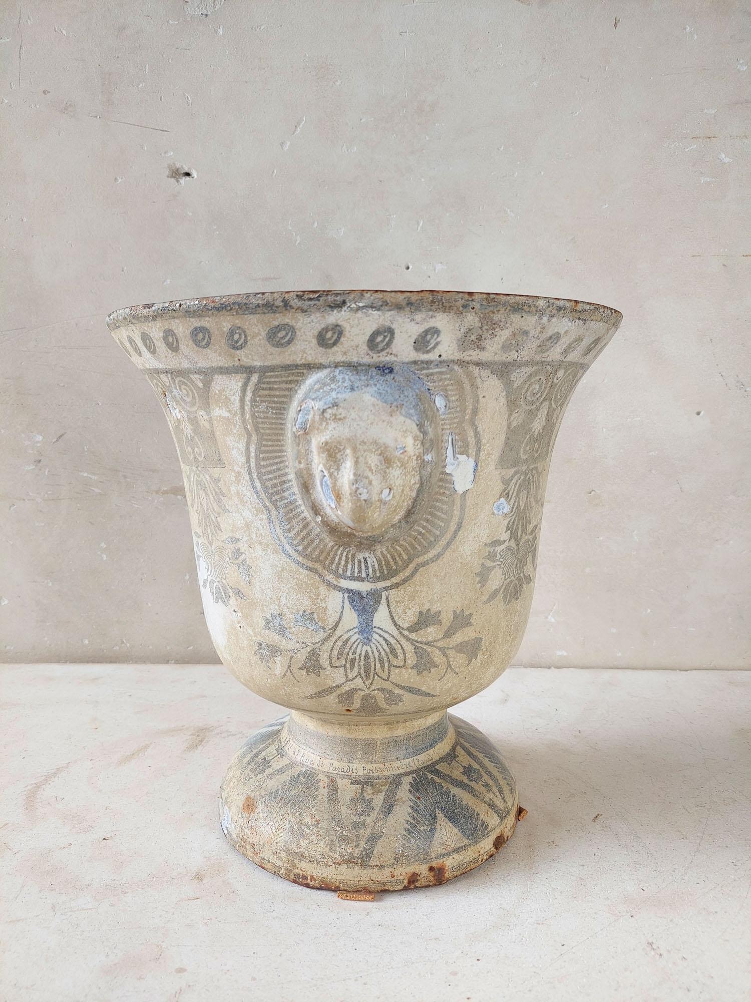 Antique white with blue enamel cast iron Paris en Cie vase For Sale 1