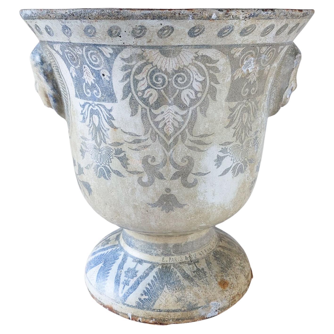 Antique white with blue enamel cast iron Paris en Cie vase For Sale