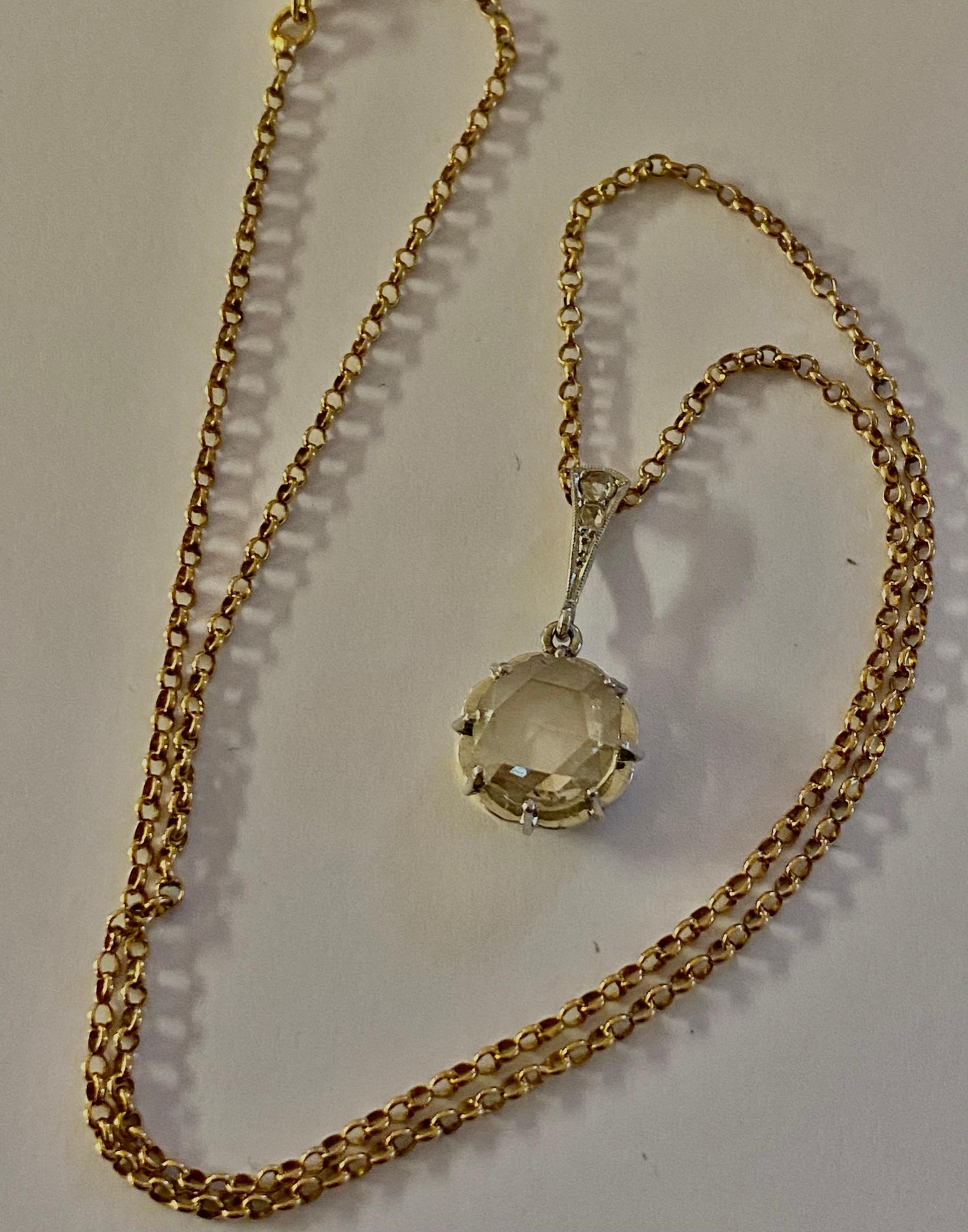 Antique White-Yellow Gold Pendant with 1.20 ct Rose Cut Diamond, Original Chain In Good Condition In Heerlen, NL