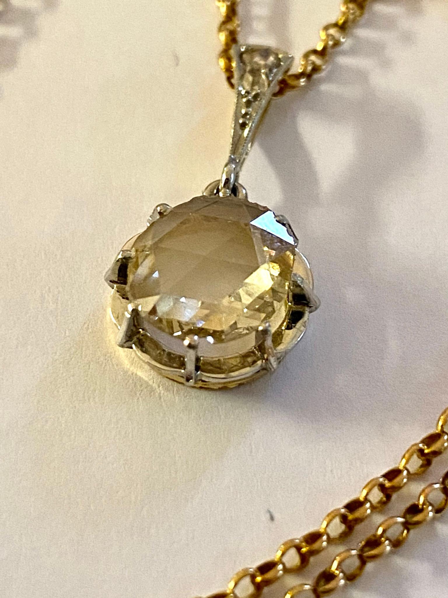 Women's Antique White-Yellow Gold Pendant with 1.20 ct Rose Cut Diamond, Original Chain