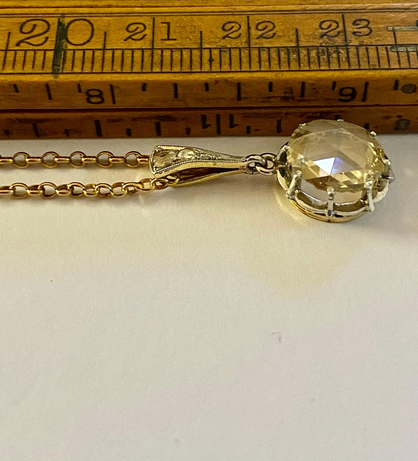 Antique White-Yellow Gold Pendant with 1.20 ct Rose Cut Diamond, Original Chain 2