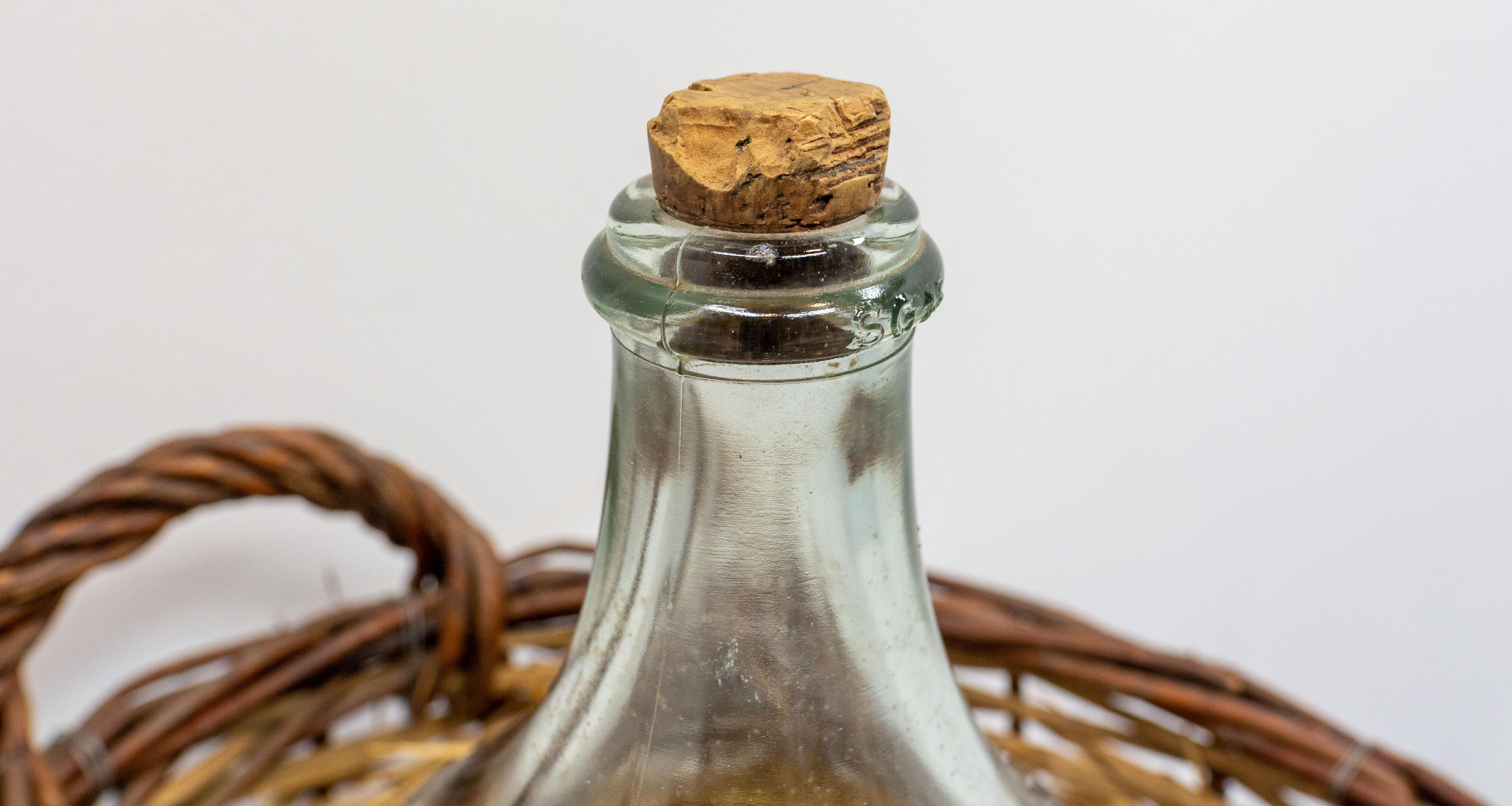 Antique Whiteglass Bottle Demijohns or Carboy in Authentic Wicker Basket, France For Sale 3