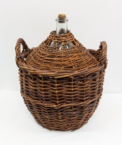 Antique Whiteglass Bottle Demijohns or Carboy in Authentic Wicker Basket, France