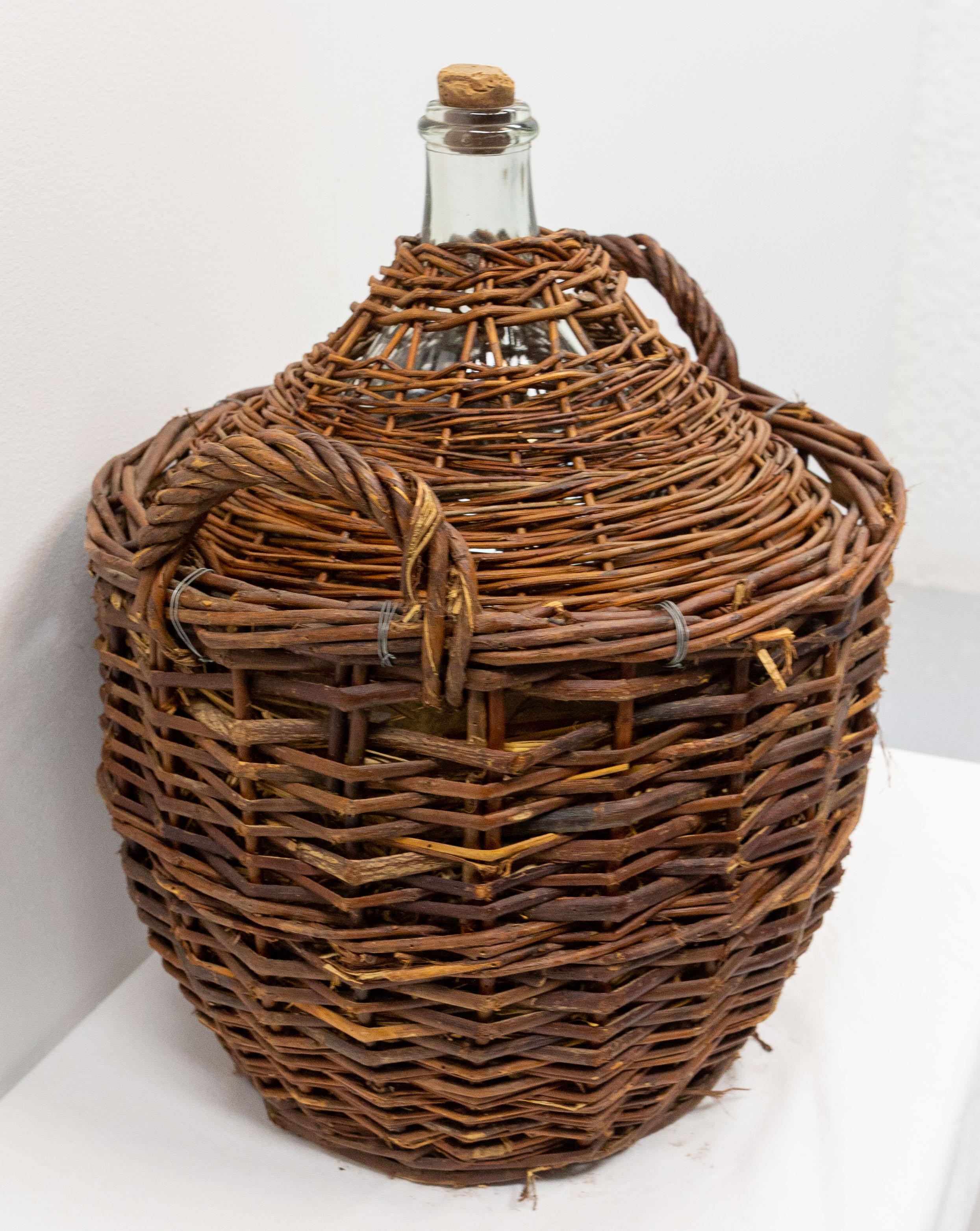 Antique Whiteglass Bottle Demijohns or Carboy in Authentic Wicker Basket, France In Good Condition For Sale In Labrit, Landes