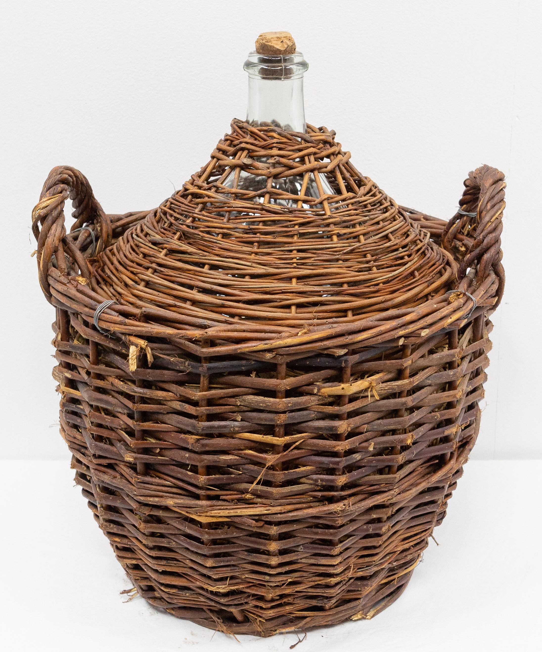20th Century Antique Whiteglass Bottle Demijohns or Carboy in Authentic Wicker Basket, France For Sale
