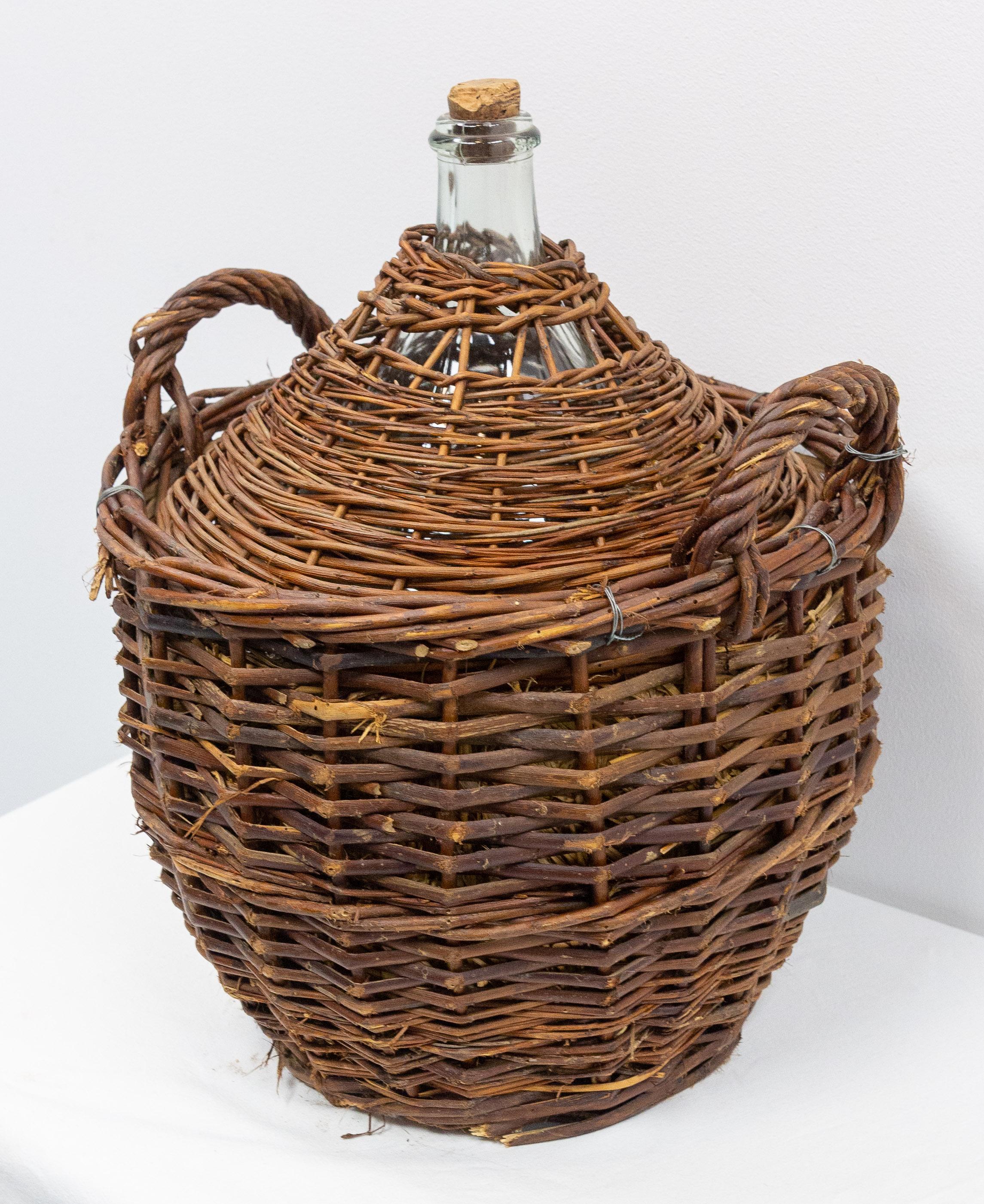 Glass Antique Whiteglass Bottle Demijohns or Carboy in Authentic Wicker Basket, France For Sale