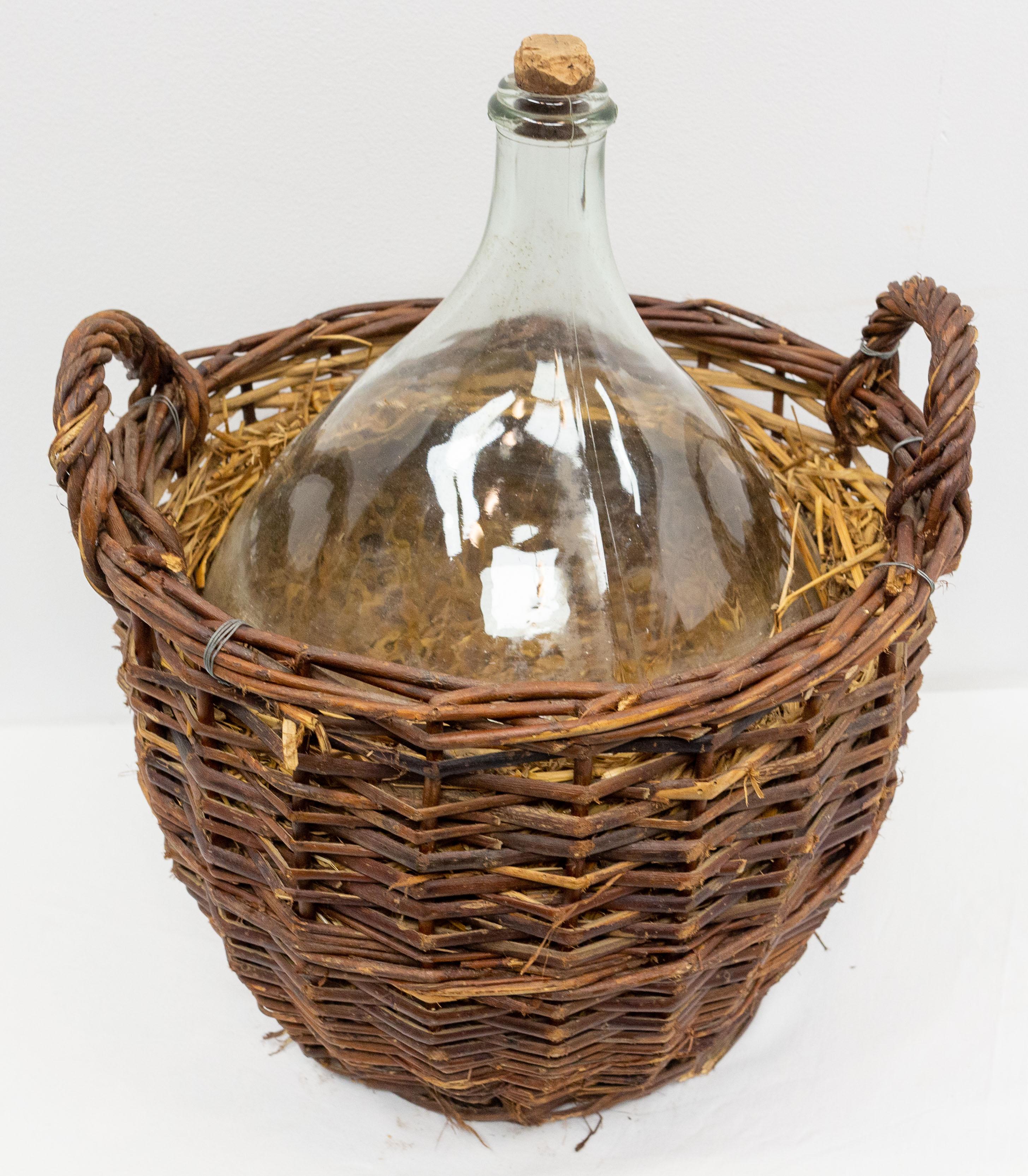 Antique Whiteglass Bottle Demijohns or Carboy in Authentic Wicker Basket, France For Sale 2