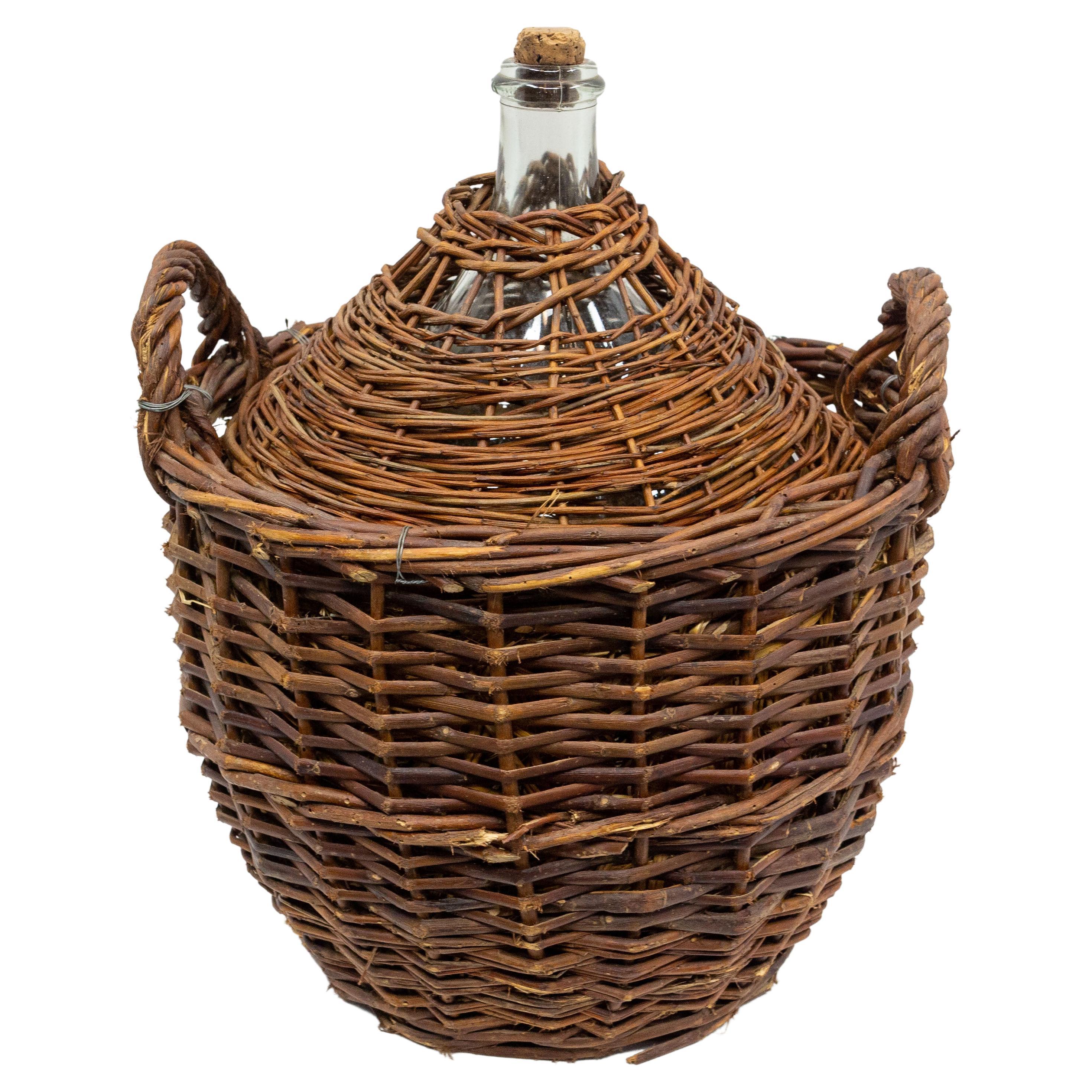 Antique Whiteglass Bottle Demijohns or Carboy in Authentic Wicker Basket, France