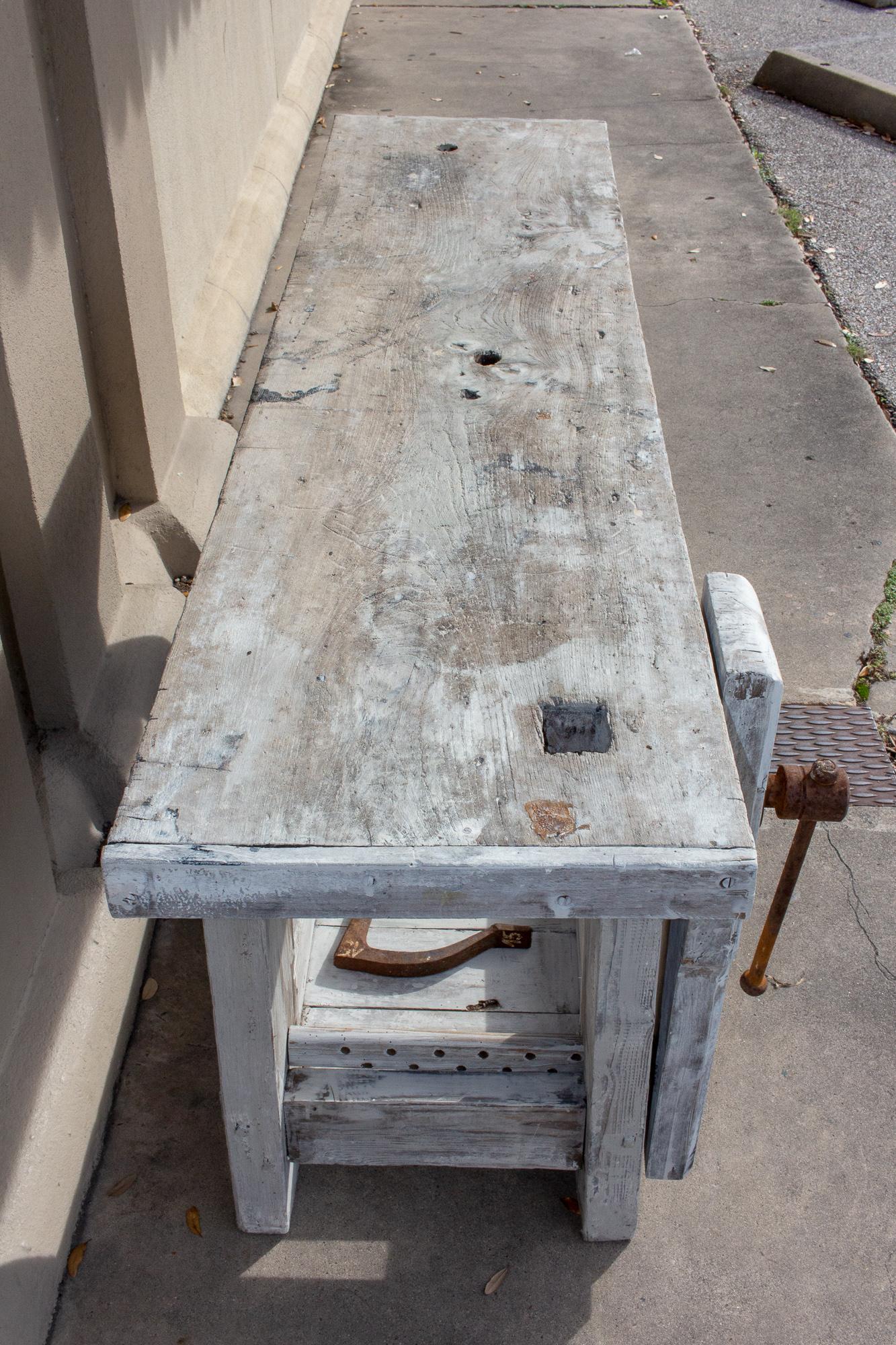Antique Whitewashed Worktable Console Found in France In Distressed Condition In Houston, TX