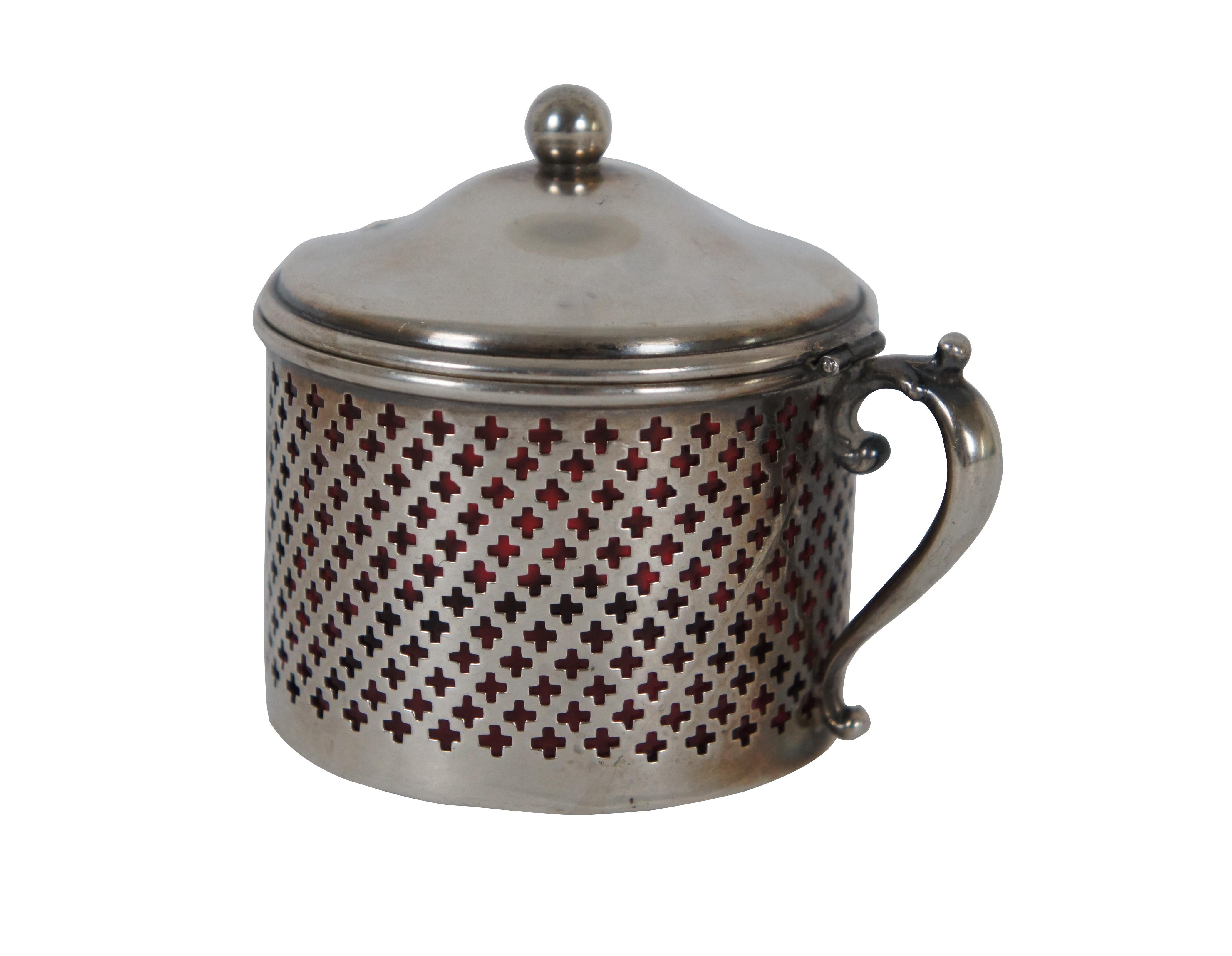 Victorian Antique Whiting 3534 Cranberry Glass & Pierced Sterling Silver Jam Condimont Pot For Sale
