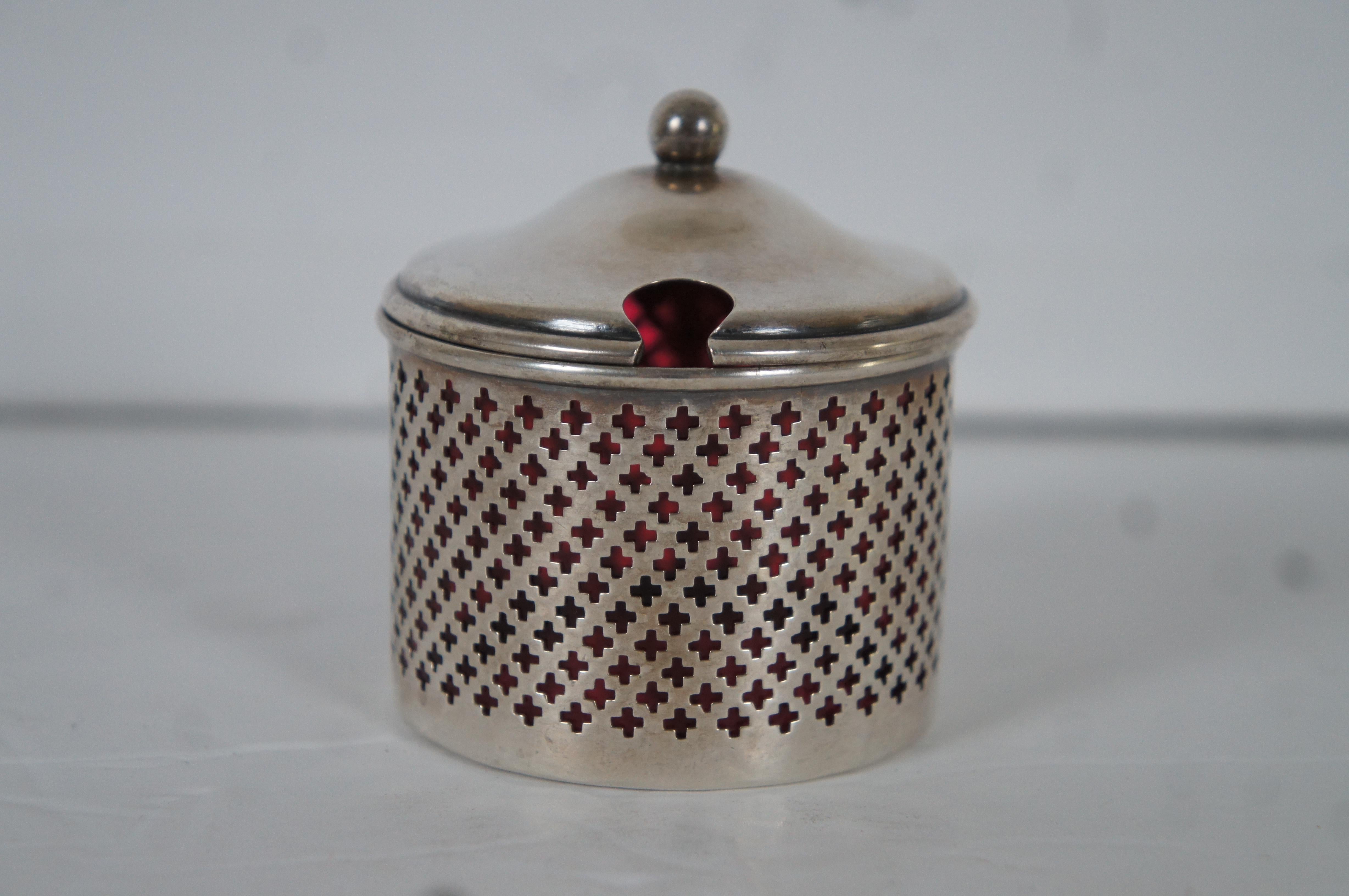 Antique Whiting 3534 Cranberry Glass & Pierced Sterling Silver Jam Condimont Pot In Good Condition For Sale In Dayton, OH