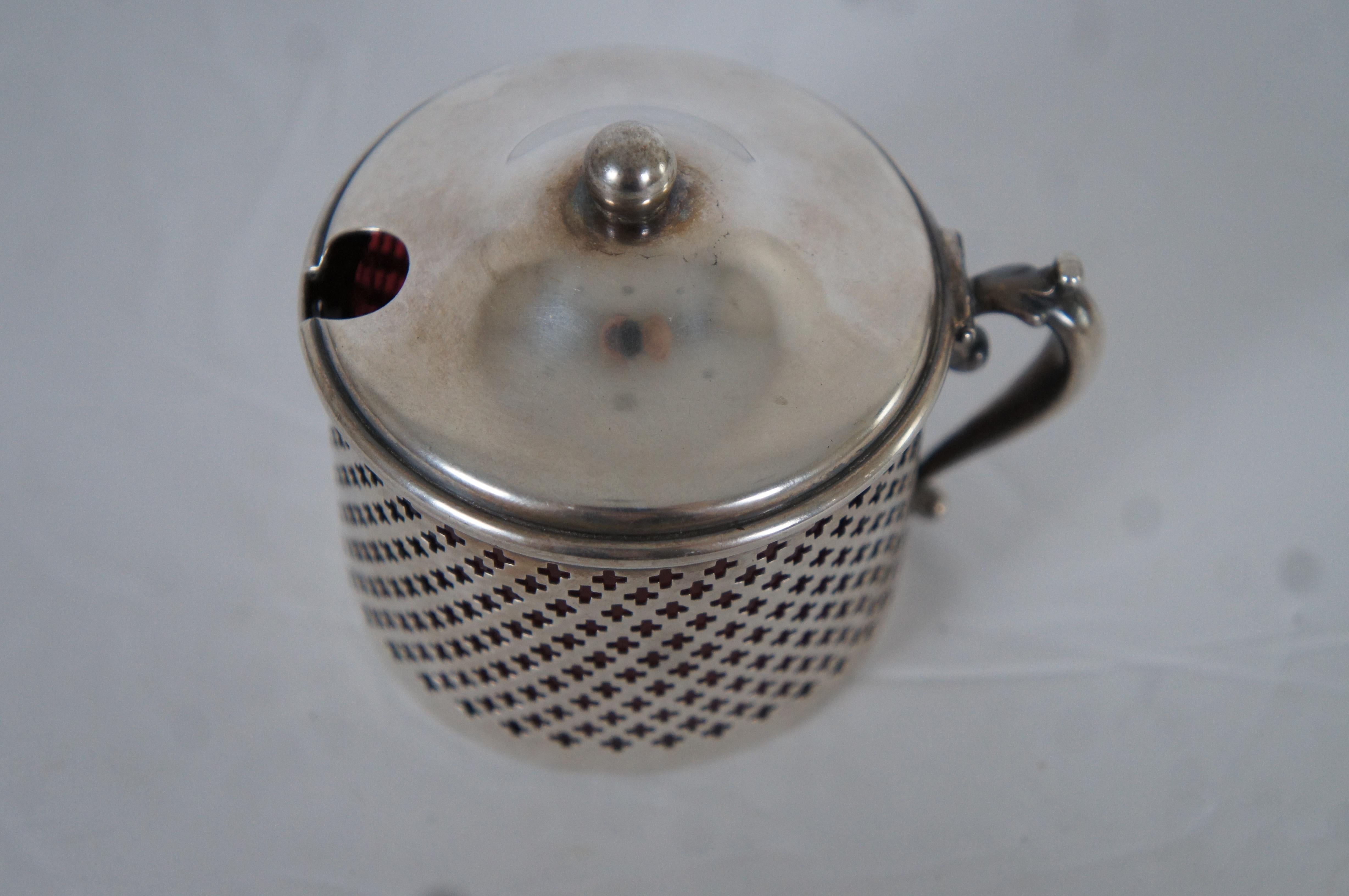 19th Century Antique Whiting 3534 Cranberry Glass & Pierced Sterling Silver Jam Condimont Pot For Sale